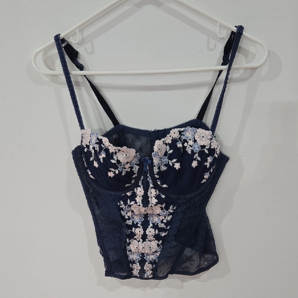 Felina Lingerie Sz 34C Midnight Blue Embroidered Bustier Corset